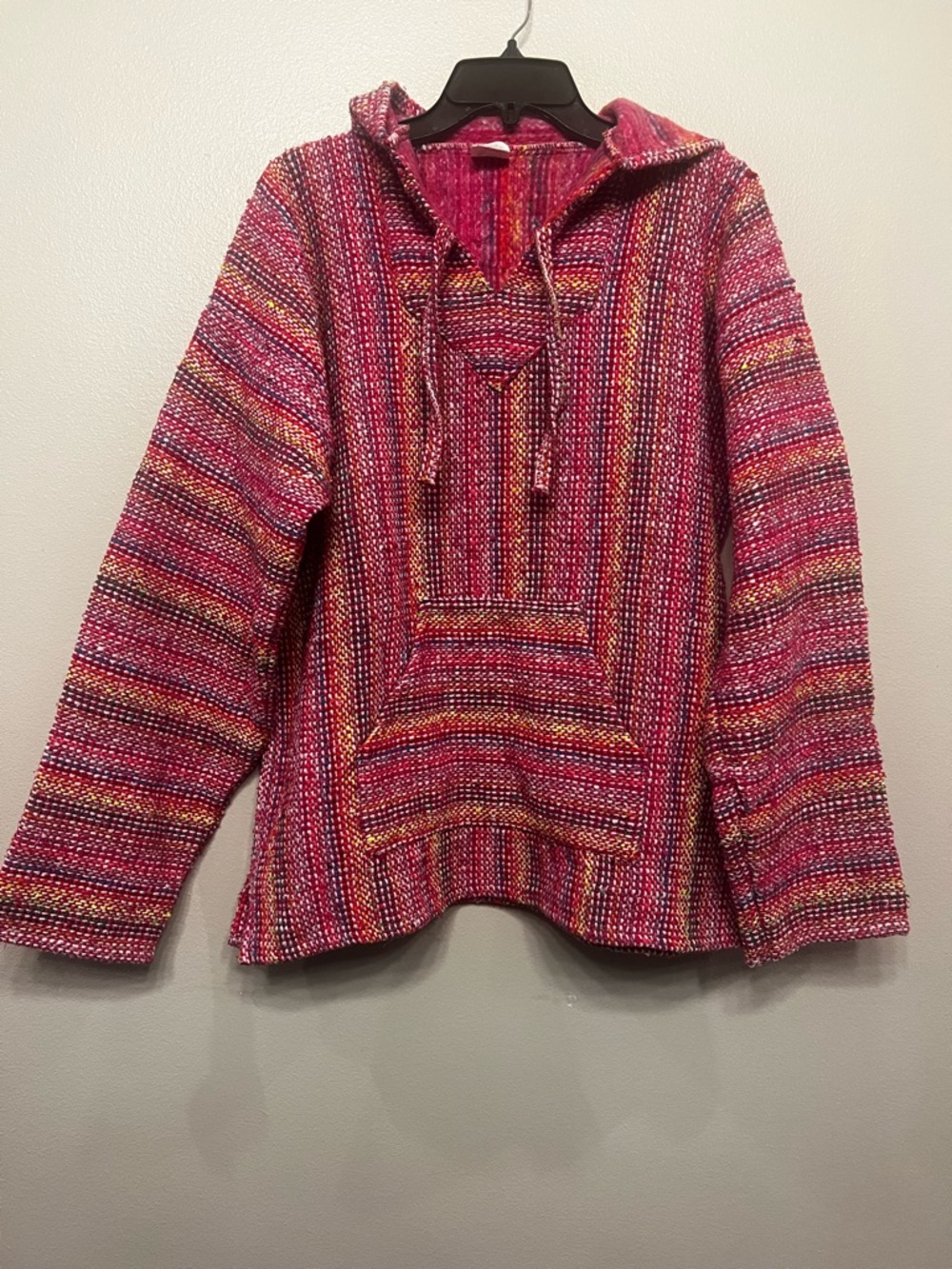 Pink Multicolor V-Neck Pullover Sarape Hoodie Size Large Made in Mexico